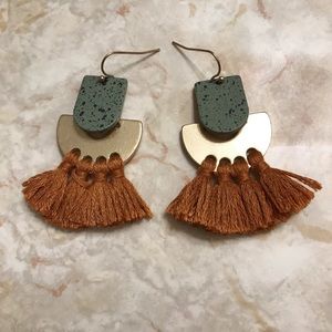 Good condition, never worn gold and green earrings with orange tassel